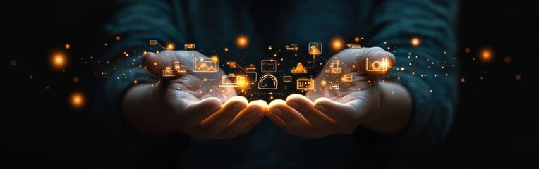 Pair of cupped hands holding glowing orange digital icons and symbols - cloud, lock, charts and media - surrounded by floating sparks, evoking wonder, empowerment and digital control