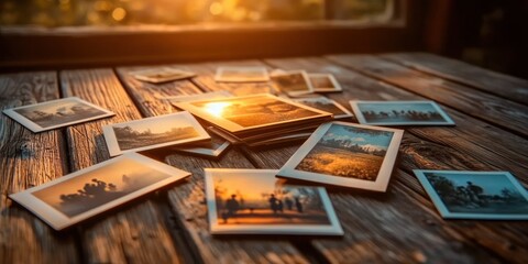 Scattered instant photos and a small stack on a weathered wooden table bathed in golden sunset light, showing family silhouettes and landscape scenes, evoking warm nostalgia