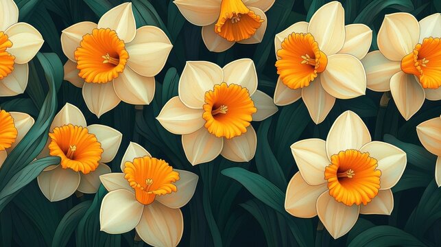 Cream and orange daffodils with deep green leaves, close-up cluster evoking bright cheerful spring freshness