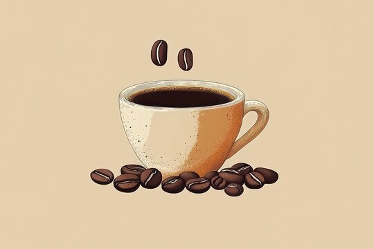 beige ceramic cup of black coffee surrounded by roasted coffee beans with two beans floating above on a warm minimalist background, cozy inviting mood