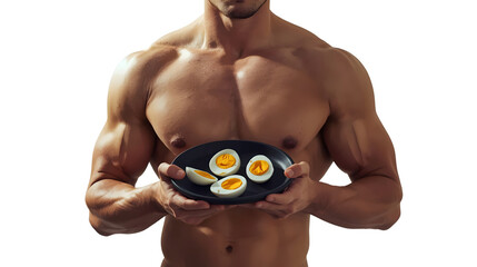 Muscular Bodybuilder Holding Plate of Boiled Eggs Promoting Healthy Low-Fat Fitness Meal