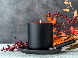 A lit black candle with a red interior sits on a black saucer, accompanied by a wick trimmer and decorative autumn branches with berries.