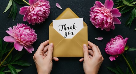 Hands holding a golden envelope with a Thank you card surrounded by pink peonies image photo