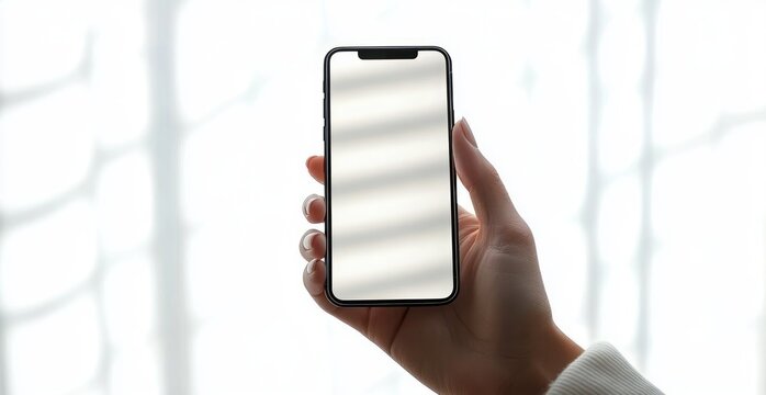 hand holding blank smartphone with reflective screen and soft striped light from window blinds, white sweater sleeve, calm minimalist mood - Powered by Adobe