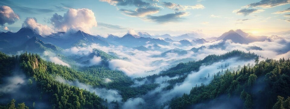 Sunlit misty mountain panorama with rolling evergreen forests, low clouds filling valleys and distant peaks under a serene dawn sky