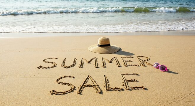 Summer Sale at Beach: The summer sale message is gracefully penned into the sand on a sun-kissed beach, The hat, and sunglasses complete the summer motif