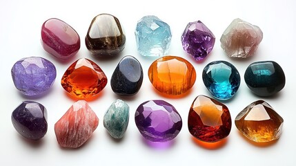 assorted polished, faceted and tumbled colorful gemstones and crystals on a white background with glossy reflections and joyful sparkling elegance