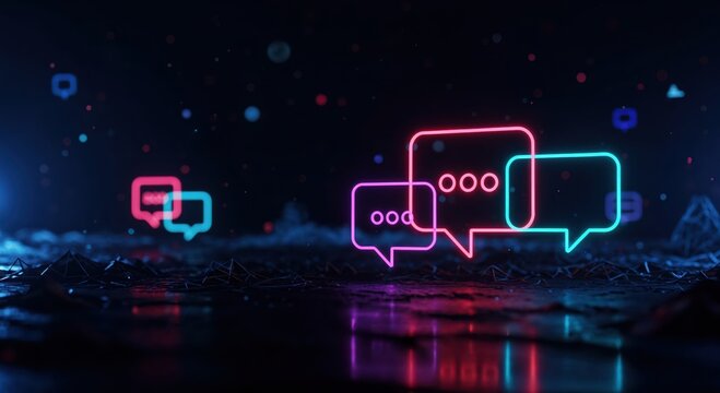 Digital Communication Bubbles: Captivating neon-lit speech bubbles, pulsing with vibrant hues against a dark backdrop.