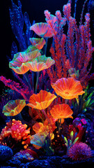 Surreal Underwater Garden With Luminous Coral And Mushroom Like Plants Glowing In Neon Bioluminescence.