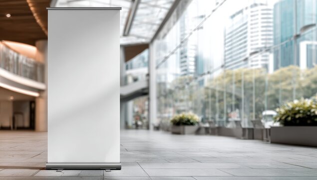 Stylish photo of a blank pull-up banner in a modern setting