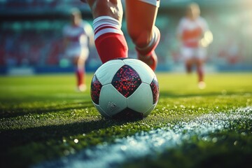 Close-up of a soccer ball on a grassy sideline with a player in red socks and white shorts poised to kick, blurred teammates and stadium crowd in the background conveying action and anticipation