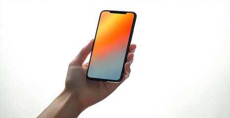 Hand holding a modern smartphone with a warm orange-to-blue gradient screen against a bright white background, conveying a minimal, sleek, calm and modern feel