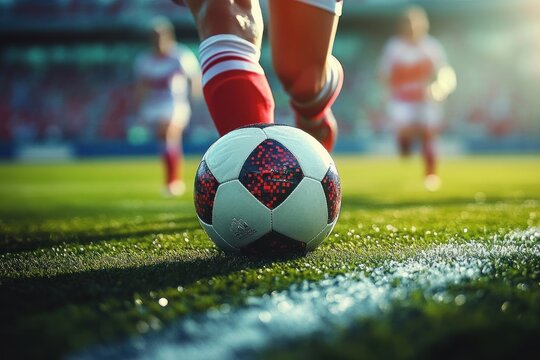 Close-up of a soccer ball on a grassy sideline with a player in red socks and white shorts poised to kick, blurred teammates and stadium crowd in the background conveying action and anticipation