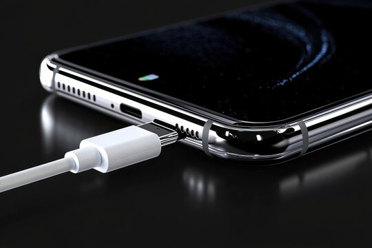 close-up of smartphone with glossy chrome edge connected to a white charging cable, sleek modern design and calm focused mood