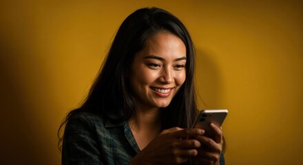 Texting with a Smile: A young woman is captivated by the contents on her phone, illuminated against a bright background, her genuine smile hinting at the joy of her digital experience.