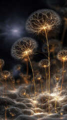 Dandelion Seed Heads Rendered As Glowing Neural Networks On Tall Stems Emerging From Misty Swirls.