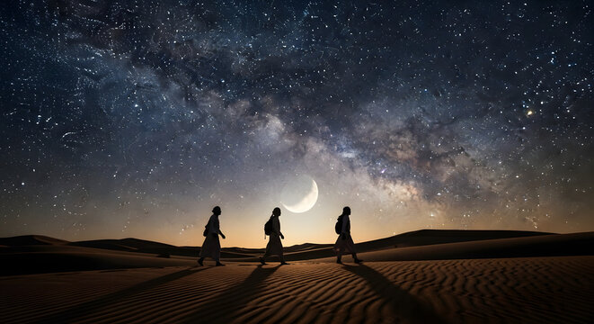 Three travelers walking across desert dunes under a starry night sky.