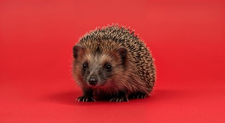 Charming Hedgehog on Red: A captivating portrait of a cute hedgehog, its spiky coat and endearing gaze set against a vivid red backdrop, exuding charm and curiosity.