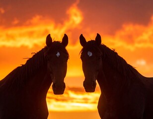 Two silhouetted horses face each other in front of a colorful sunset