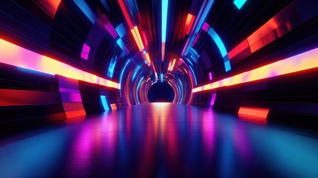 Neon-lit futuristic tunnel with glowing concentric rings, reflective glossy floor, vibrant blue pink and orange light streaks leading to a dark circular portal, evoking excitement and motion