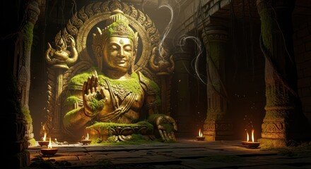 Ancient gilded buddha statue overgrown with moss in a temple illuminated by candlelight