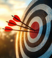 Three red-feathered arrows piercing the red bullseye of a round archery target at sunset, warm golden light and blurred background conveying precision and achievement
