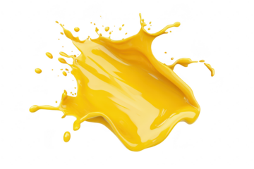 A splash of yellow paint captured mid-air against a white background. the dynamic movement and fluidity of the paint. ideal for creative projects and artistic expressions
