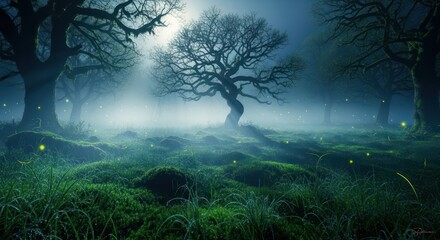 Enchanted twilight woodland scene, shrouded in gentle fog with fireflies glimmering amid moss and