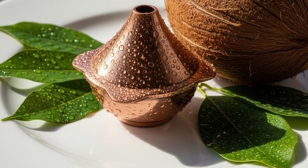 Shimmering copper hookah head amidst tropical foliage and a raw coconut fruit