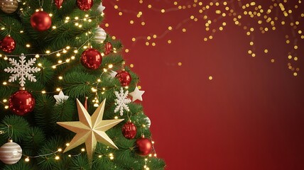 Christmas tree festive background with decorations lights and red backdrop scene