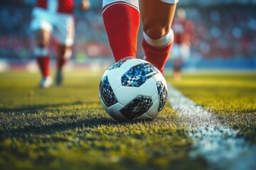 Close-up of soccer ball on grass by white sideline with player in red socks poised to kick, blurred teammates and stadium crowd, focused tension and anticipation