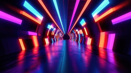 neon-lit futuristic tunnel with colorful glowing panels and reflective floor, immersive energetic and surreal atmosphere