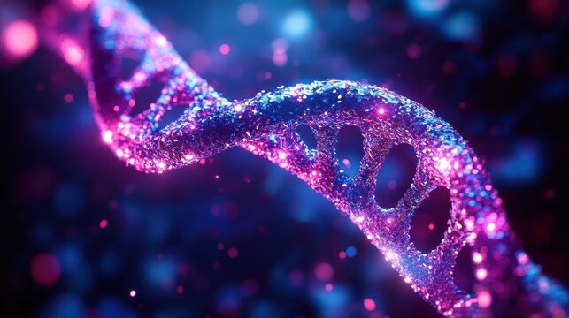 glowing glittering dna double helix strand made of sparkling particles in neon pink and blue bokeh, evoking wonder and futuristic scientific mystery