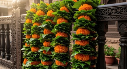 Marigold garlands adorn ornate railings creating an inviting and decorative display