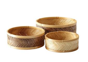 Stacked, woven, round baskets; light and dark shades