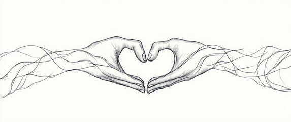 two hands forming a heart shape with flowing ribbon-like lines connecting them, delicate monochrome sketch conveying love and connection