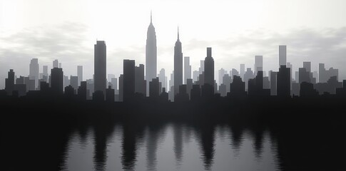 monochrome city skyline silhouette of skyscrapers reflected on calm water beneath a moody cloudy sky, serene and contemplative