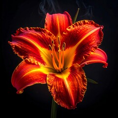 Vibrant macro of a flame-like flower against a black backdrop with light smoke