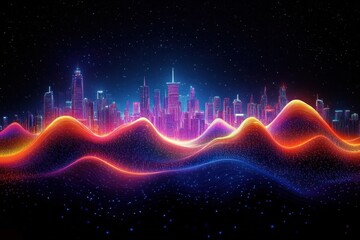 futuristic neon city skyline behind glowing multicolored waveform hills under a starry night sky, evoking awe and electric energy