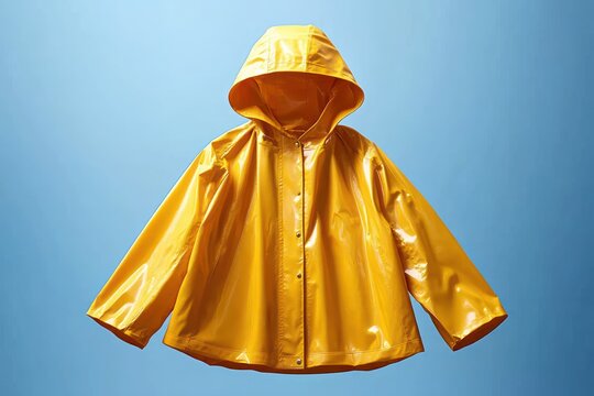 shiny yellow hooded raincoat with spread sleeves and front snap buttons floating against a soft blue background, cheerful and playful mood