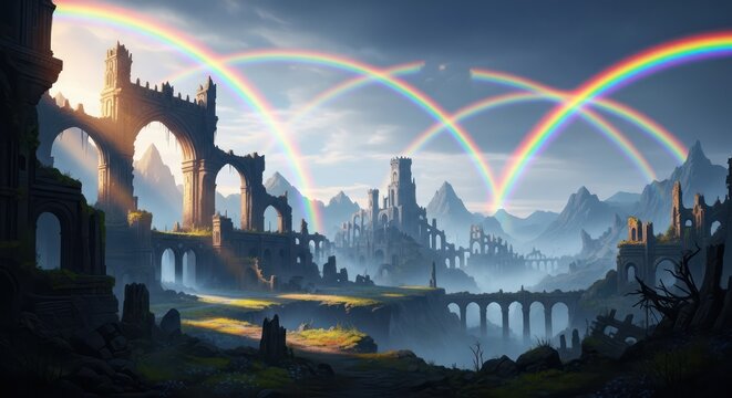 Majestic ruins landscape with radiant rainbows over mist-covered mountains