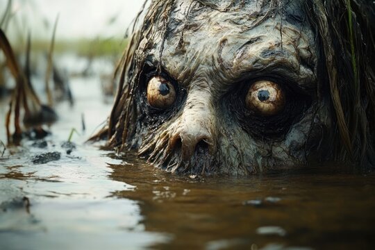 shallow marsh water with muddy ripples and brown reed stems reflecting soft overcast light, quiet contemplative mood