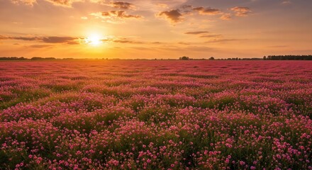 Sunset over Flower Field: A breathtaking scene unfolds as the sun dips below the horizon, painting the sky with fiery hues while casting a warm glow over a vast field of vibrant pink flowers.