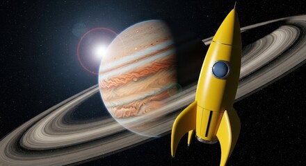 Whimsical journey: a retro rocket explores the cosmos with jupiter and its rings