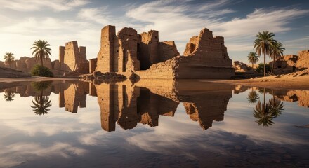 Ancient sandstone ruins mirrored on tranquil water surface near palm trees under cloudy sky