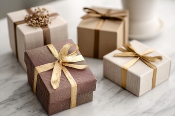 Obraz premium Four boxes of gifts with gold ribbons on top