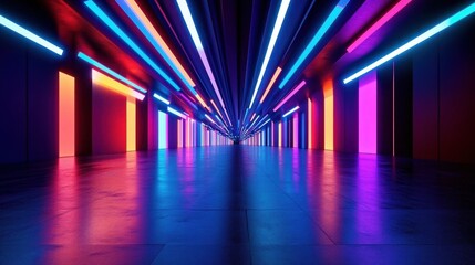 Long futuristic neon corridor with glowing blue, pink and orange lights, reflective floor and converging perspective conveying excitement and wonder