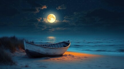 lonely wooden rowboat on a moonlit sandy beach beside grassy dunes under a starry sky and glowing full moon, calm ocean waves and serene dreamy nighttime atmosphere