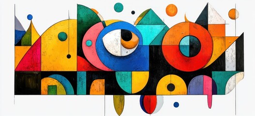 colorful geometric abstract composition of circles, semicircles, triangles and rectangles with an eye-like focal shape and textured paint conveying a playful energetic mood