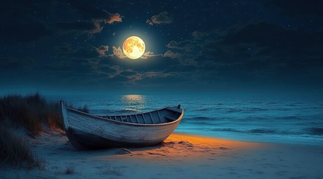 lonely wooden rowboat on a moonlit sandy beach beside grassy dunes under a starry sky and glowing full moon, calm ocean waves and serene dreamy nighttime atmosphere - Powered by Adobe